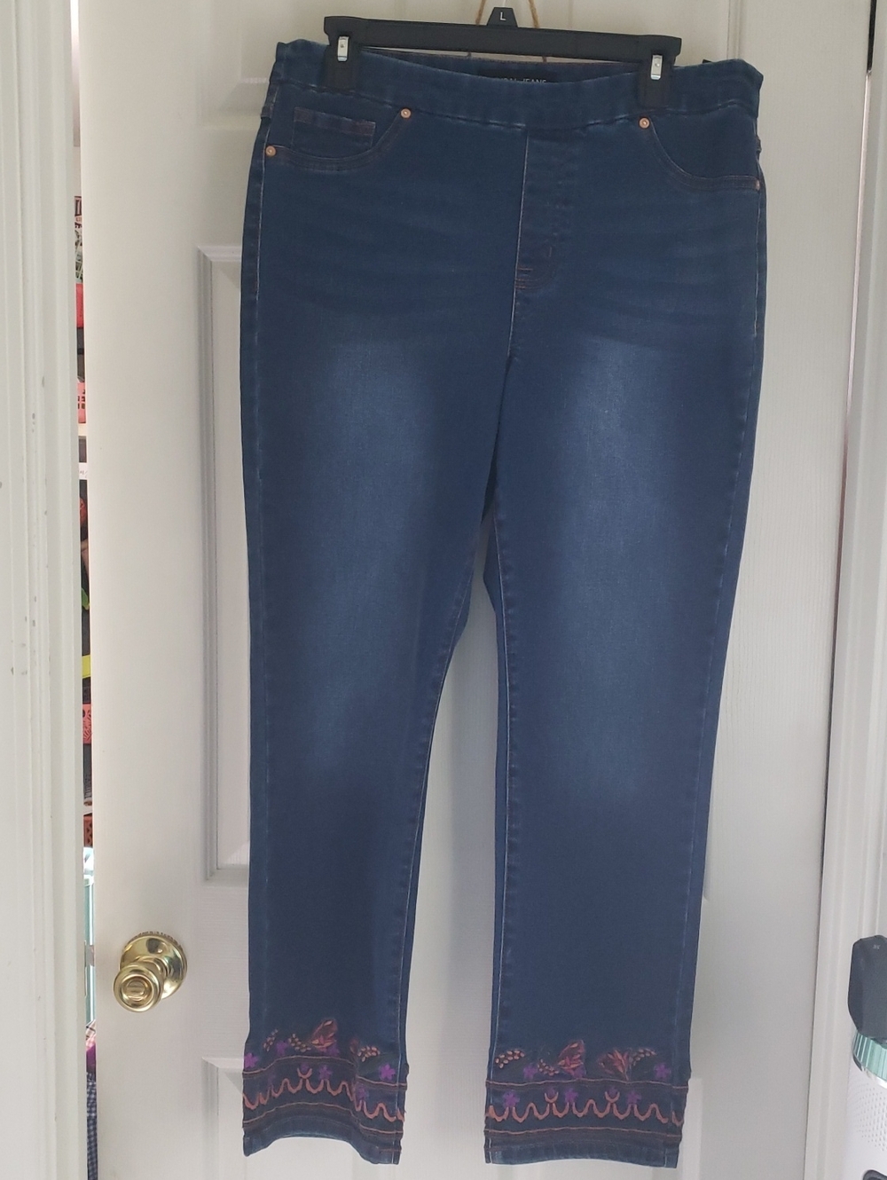 Tribal Dark Blue Cropped Jeans with Colorful Embroidered Hems